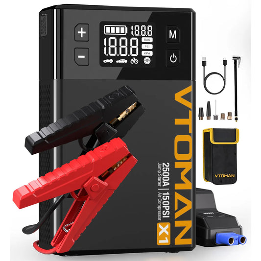 VTOMAN X1 Portable Jump Starter with Air Compressor, 2500A (8.5L Gas/6L Diesel Engines), 150PSI Digital Tire Inflator, Car Jumper Pack